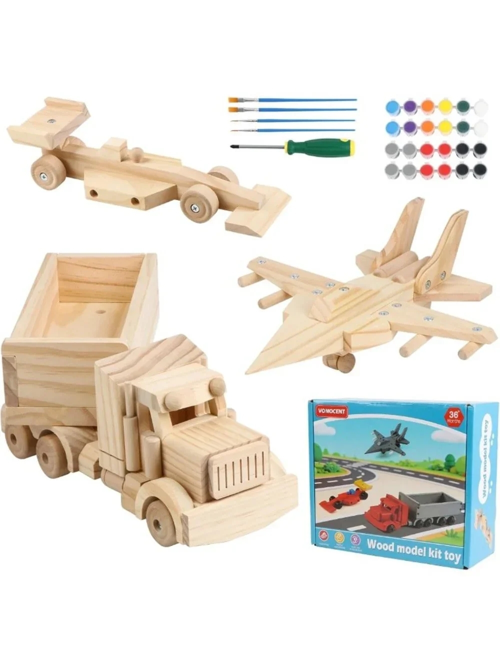 DIY Wooden Model Building Kit - 3 Pack Fighter Jet, Truck, Race Car - Arts